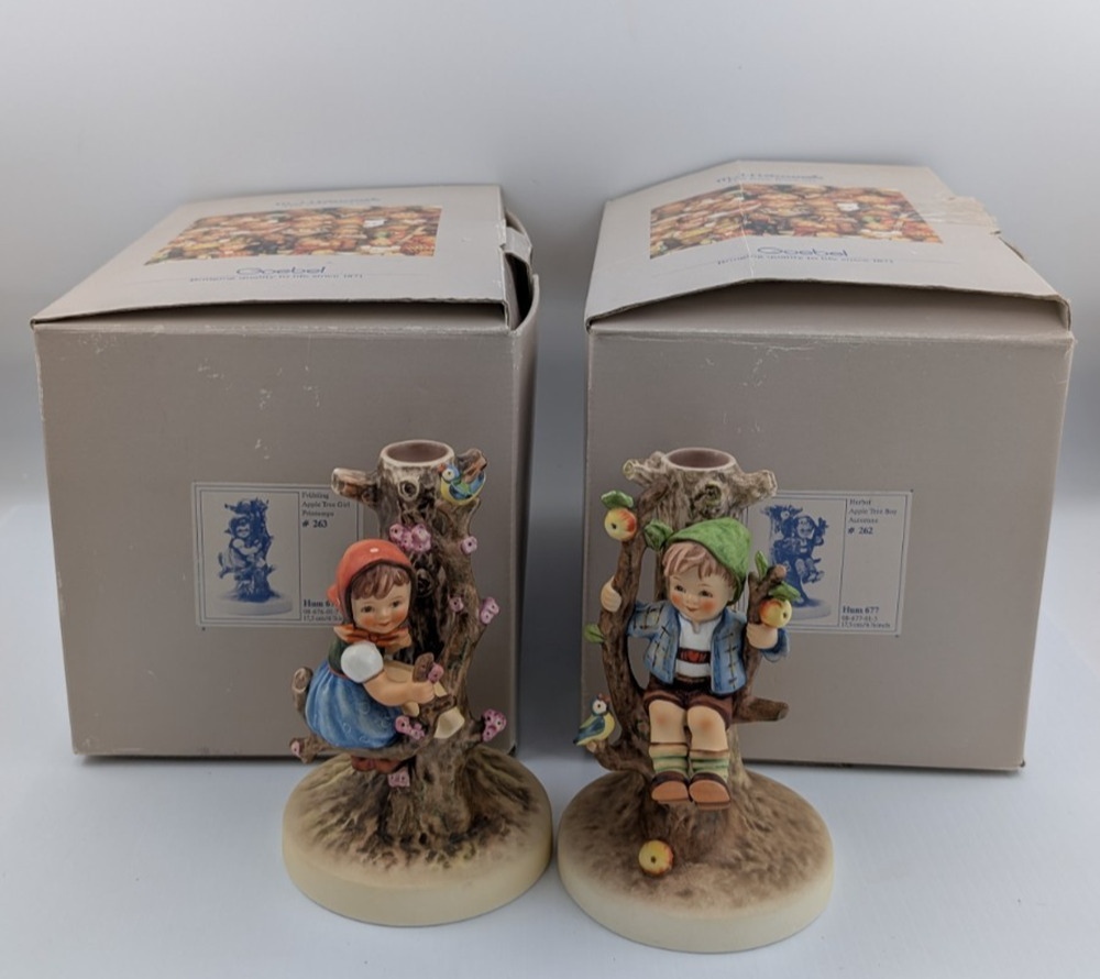 Goebel Hummel Apple Tree Boy Girl Figurine Candle Holders 6.5" Germany 677 / 676